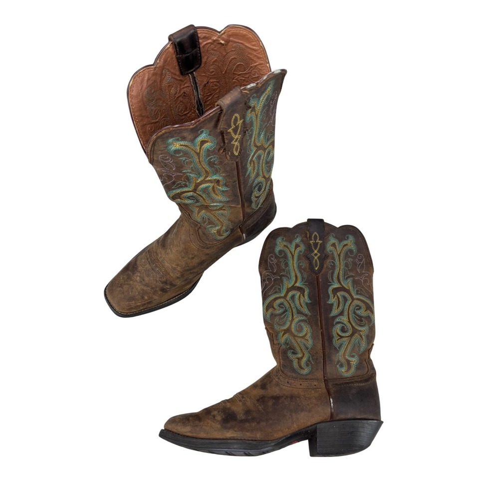 Justin Boots Stampede Durant Brown Leather Square Toe Cowboy Boots Women's 8 B - Picture 1 of 10